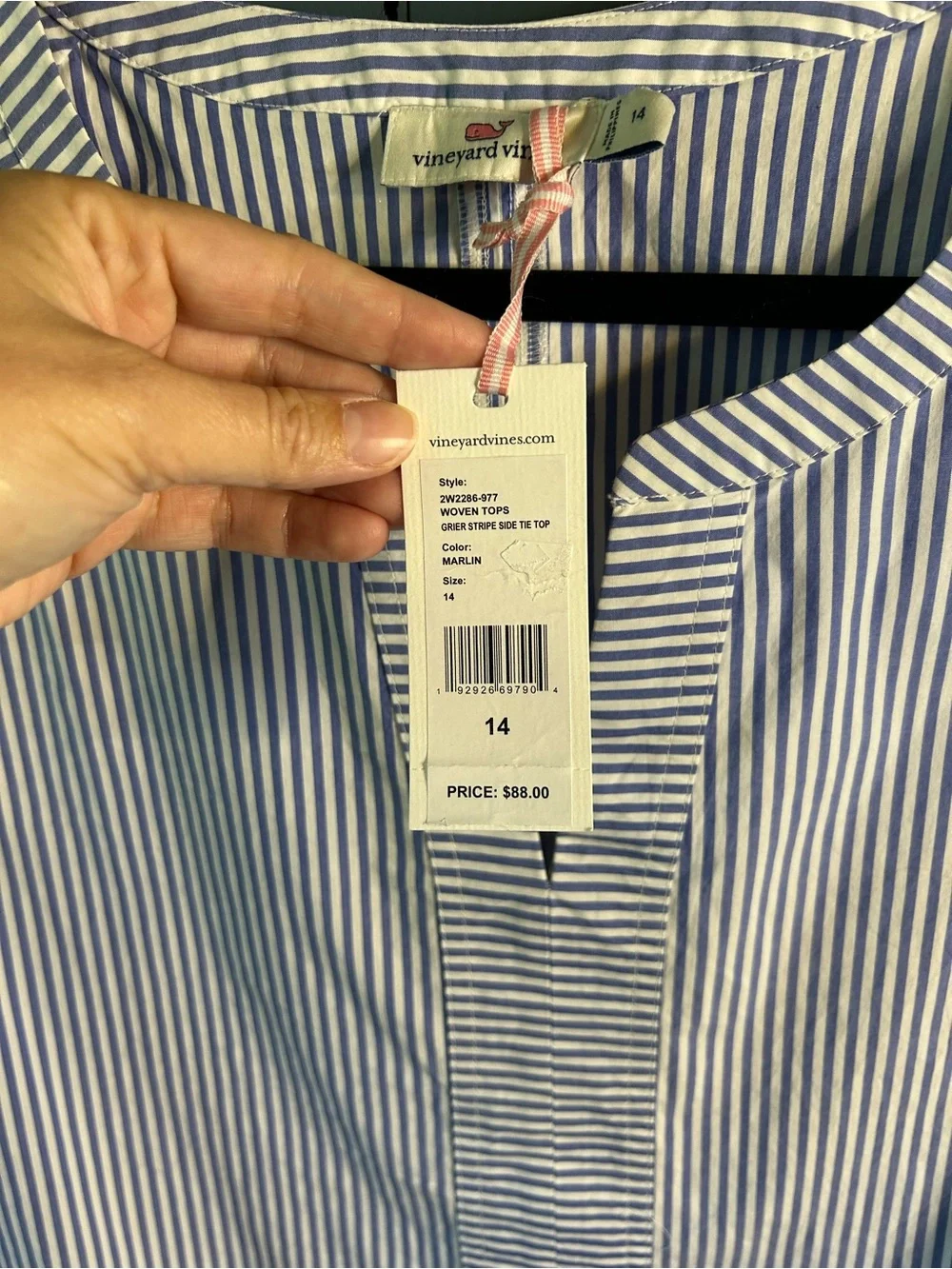 Vineyard Vines MarlinStriped Cap-Sleeve Tie-Hem Top - Blue/White | Size 14 - New